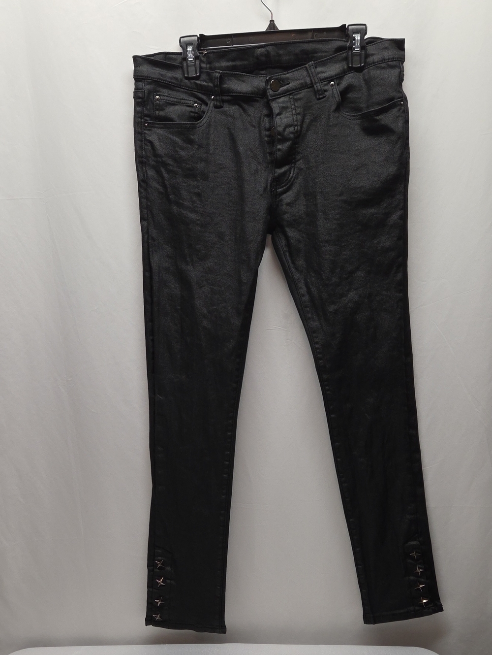 MNML Black Coated Skinny Jeans with Ankle Snaps Hair Metal 80s Look Button Fly